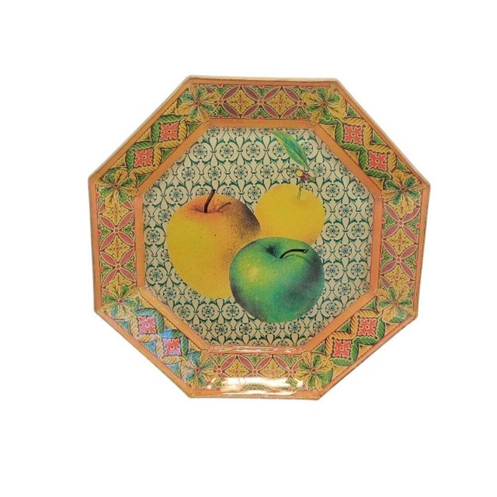 Vintage McWebster Decoupage Apple Plate Octagon Shape Yellow Green Fruit Display